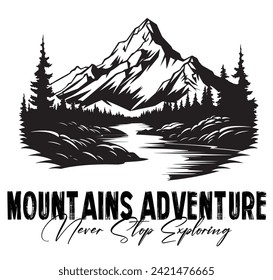 Mountain T-shirt design with pine trees. Printable for sweatshirt, tshirt. Vector illustration. Outdoor adventures. Vintage nature design.