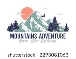 Mountain t-shirt design with sun, eagle and pine trees. Print for apparel with slogan - mountains adventure. Typography graphics for vintage tee shirt with grunge. Vector illustration.
