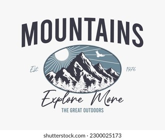 Mountain t-shirt design with sun, eagle and pine trees forest. Vintage mountain print for apparel, t-shirt design. Print for tee shirt with slogan - explore more. Vector illustration.