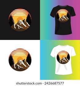 Mountain t-shirt design with sun, eagle and pine trees. 