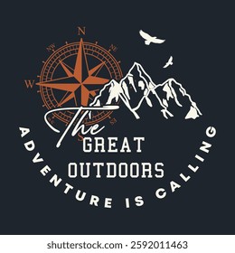 Mountain t-shirt design with sun, eagle and pine trees. Print for apparel with slogan - The great outdoors. Typography graphics for vintage tee shirt with grunge. Vector illustration