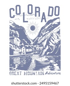 Mountain t-shirt Print Design, for Colorado slogan text , vintage  artwork, sunshine under the mountain, river with boat in mountain side, Mountain t-shirt Print Design, for Colorado slogan