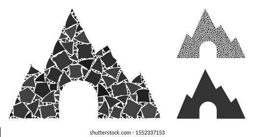 Mountain tunnel composition of tuberous pieces in various sizes and color tints, based on mountain tunnel icon. Vector bumpy dots are organized into collage.