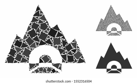 Mountain tunnel mosaic of bumpy parts in variable sizes and shades, based on mountain tunnel icon. Vector rough parts are organized into mosaic. Mountain tunnel icons collage with dotted pattern.