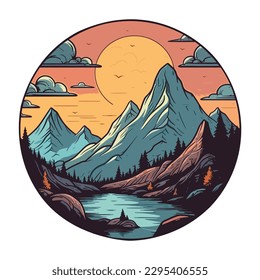 mountain with twilight sky in cartoon shape