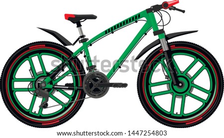 Mountain type green bicycle on the cast wheels. 
