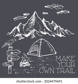 Mountain typography graphics for slogan tee shirt with nature view. Mountain adventure print for apparel, t-shirt design with grunge. Make your own trail slogan. Vector illustration.