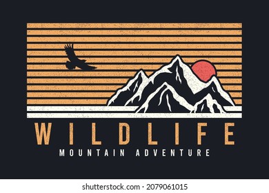 Mountain typography graphics for slogan tee shirt with eagle, sun and stripes. Mountain adventure print for apparel, t-shirt design with grunge. Wildlife slogan. Vector illustration.