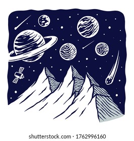 Mountain universe vector line illustration