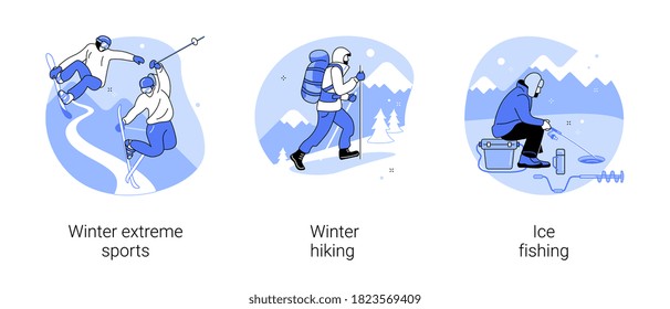 Mountain vacation abstract concept vector illustration set. Winter extreme sports, winter hiking, ice fishing, ski and snowboard equipment, travel and hobby, outdoor activity abstract metaphor.