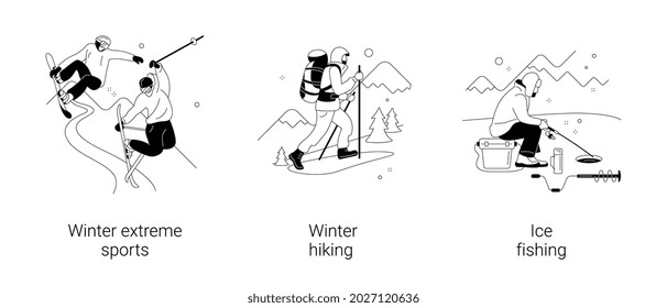 Mountain vacation abstract concept vector illustration set. Winter extreme sports, winter hiking, ice fishing, ski and snowboard equipment, travel and hobby, outdoor activity abstract metaphor.