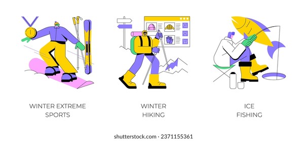 Mountain vacation abstract concept vector illustration set. Winter extreme sports, winter hiking, ice fishing, ski and snowboard equipment, travel and hobby, outdoor activity abstract metaphor.