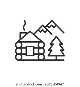 Mountain Vacation, linear icon. Home in the woods and mountains. Line with editable stroke