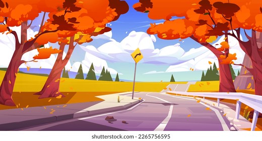 Mountain valley autumn landscape with highway road, forest, orange trees and grass. Countryside scene with empty asphalt road, fields, pines, sign and clouds in sky, vector cartoon illustration