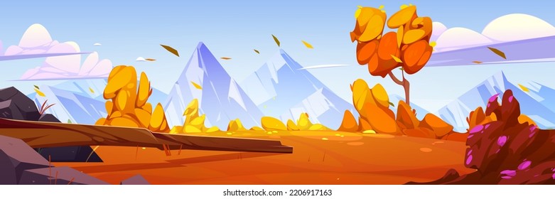 Mountain valley cartoon autumn landscape, nature background with orange rocky surface under blue sky with clouds, snowy peaks and falling leaves, beautiful scenery fall view, Vector illustration