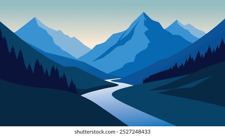 Mountain valley with a clear stream flowing gently through the lush landscape, surrounded by towering peaks flat vector illustration