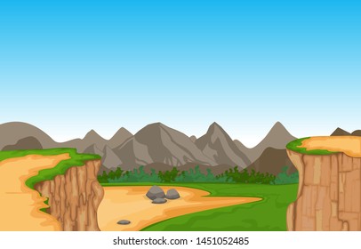 Mountain Valley Cliff Tree Nature Landscape Vector Illustration