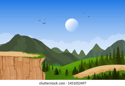 Mountain Valley Cliff Tree Nature Landscape Vector Illustration