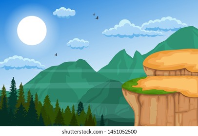 Mountain Valley Cliff Tree Nature Landscape Vector Illustration