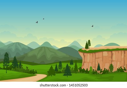 Mountain Valley Cliff Tree Nature Landscape Vector Illustration