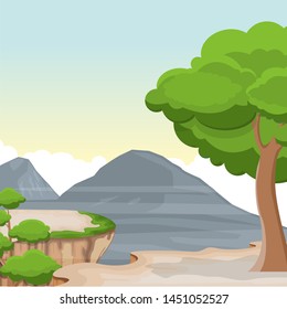 Mountain Valley Cliff Tree Nature Landscape Vector Illustration