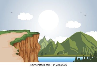 Mountain Valley Cliff Tree Nature Landscape Vector Illustration