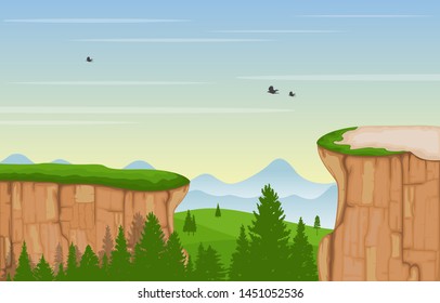 Mountain Valley Cliff Tree Nature Landscape Vector Illustration