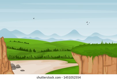 Mountain Valley Cliff Tree Nature Landscape Vector Illustration