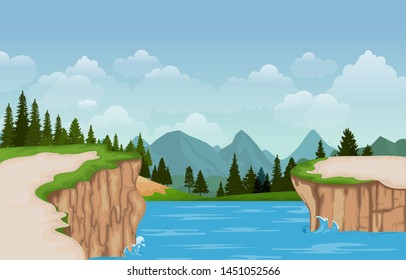 Mountain Valley Cliff Tree Nature Landscape Vector Illustration