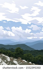 Mountain valley. Crimea. View from the Bald Mountain to forest, other mountain ranges and cloudy sky. Outdoor recreation. Vector illustration of realistic landscape. Vertical.