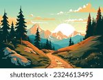 Mountain valley, flat colors poster. Travel and adventure. Vector illustration