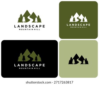 Ilustración de diseño de logotipo de Vector de silueta de carretera de río de paisaje de pino de bosque de valle de montaña