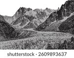 Mountain Valley with Glacier Illustration, a detailed grayscale illustration of a vast mountain valley with a prominent glacier flowing through it.