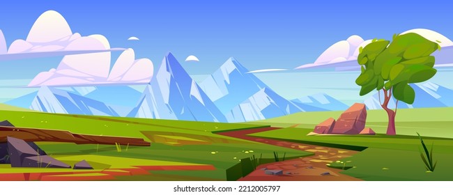 Mountain valley with green fields, tree, path and rocks on horizon. Summer landscape of meadows, grassland with stones and road, vector cartoon illustration