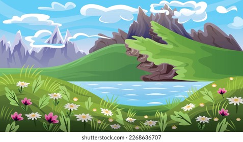 Valle de montaña con lago. Hermoso paisaje con rocas, acantilados, pradera verde con florecientes flores silvestres y lago o río. Naturaleza o medio ambiente. Panorama orgánico. Dibujo vectorial plano de dibujos animados