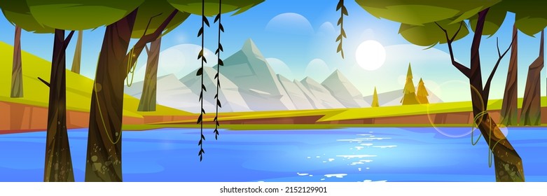 Mountain valley with lake, forest, coniferous trees, and sun in sky. Vector cartoon illustration of summer landscape with tropical trees with lianas, green grass on river shore, and rocks on horizon