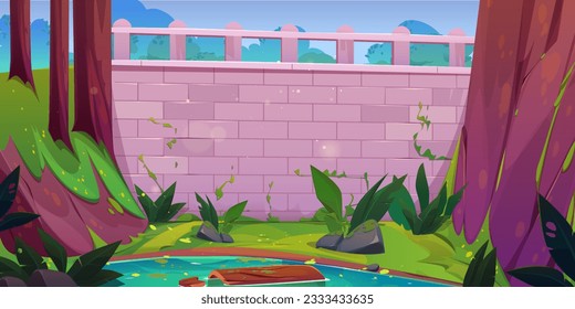 Mountain valley lake under stone bridge balustrade. Vector cartoon illustration of forest landscape with old trees, steep hill slope, rainforest background with tropical plants, green moss and flowers