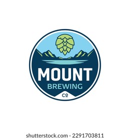 mountain valley and lake view vintage badge hops brewing label logo design inspiration