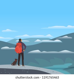 Mountain valley landscape. Adventure tourism trip vacation outside city. Wild nature scenic view poster. Man, dog in Alps high mountains. Minimal cartoon outdoors scene. Vector countryside background
