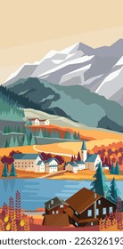 Mountain valley landscape in autumn with house and lake in the foreground. Vector illustration