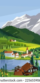 Mountain valley landscape at daytime with house and lake in the foreground. Vector illustration