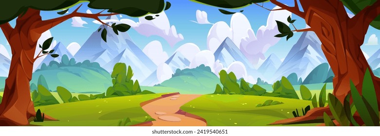 Paisaje del valle de montaña con sendero forestal. Dibujo vectorial del paisaje estival, árboles viejos, flores amarillas en la hierba verde, picos rocosos, paisaje de nubes blancas en el cielo azul, fondo de viaje