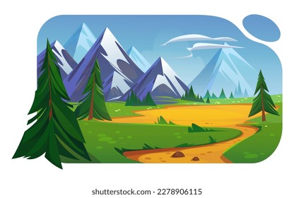 Mountain valley landscape with green fields, trees, road and clouds in sky. Summer scene of rocks range, meadows, pine trees and path, vector cartoon illustration