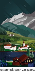 Mountain valley landscape in the rain with house and lake in the foreground. Vector illustration