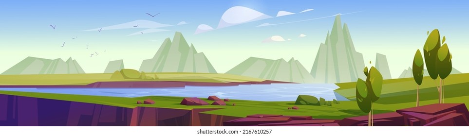 Mountain valley landscape with river, trees and rock cliff. Vector cartoon illustration of summer nature panorama with green grass, lake with blue water, stones and fissure in ground