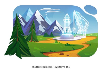 Mountain valley landscape with rocket digital hologram, green grass, trees, road and clouds in sky. Summer scene of rocks range, meadows, pine trees and path, wireframe spaceship vector cartoon