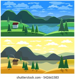 Mountain valley landscape in two seasons. Summer autumn lake and field scenic view. House on river bank in green wood. Freehand cartoon outdoors retro style. Vector countryside scene banner background