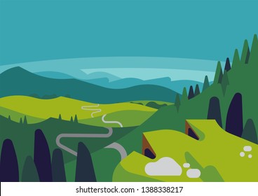 Mountain Valley Landscape Vector Illustration In Flat Style With Panoramic View From Mountain Top To The Hills And Long Winding Road