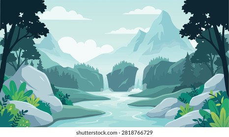 Mountain Valley Landscape with Waterfall, River and Pine Forest — Flat Vector Nature Illustration Background