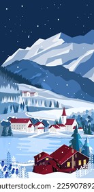 Paisaje de montaña en invierno con casa y lago en primer plano. Ilustración del vector